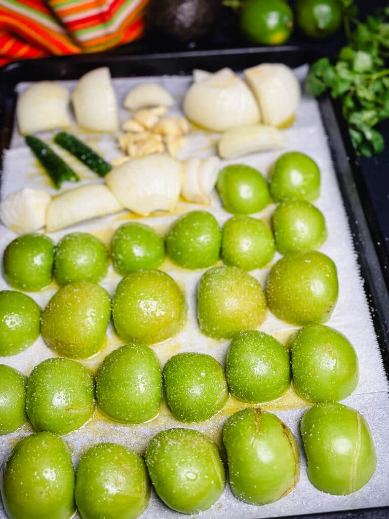 seasoned ingredients for roasted tomatillo salsa