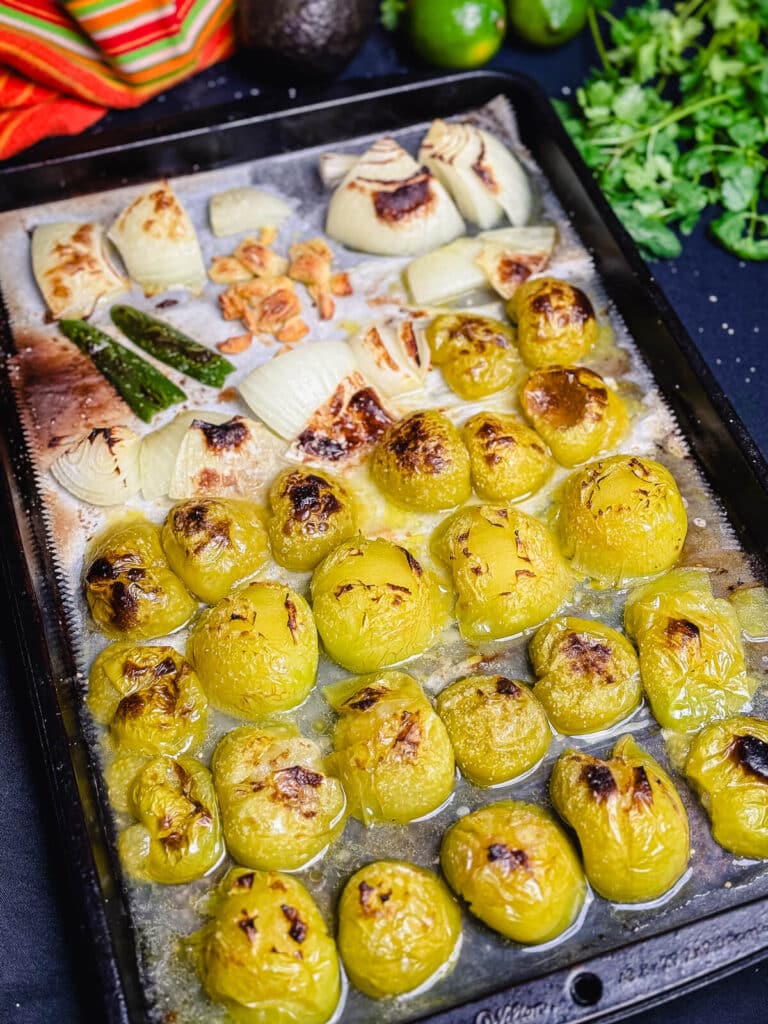 roasted tomatillos, onions, garlic and chilis for salsa