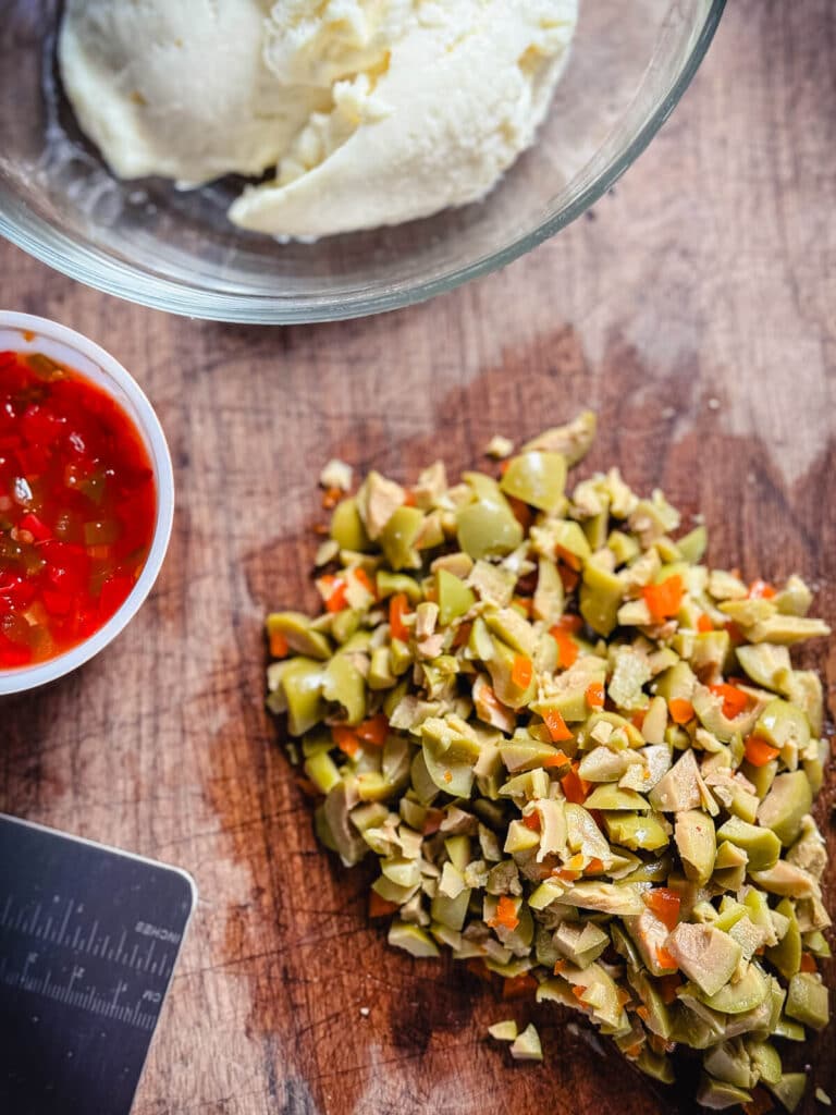 chopped olives with mayo and red pepper relish for michigan olive burgers