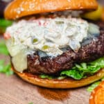 Michigan olive burger with melted swiss cheese on the patty