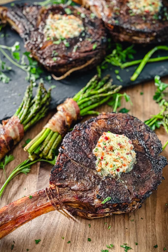 ribeye steaks topped with bacon butter