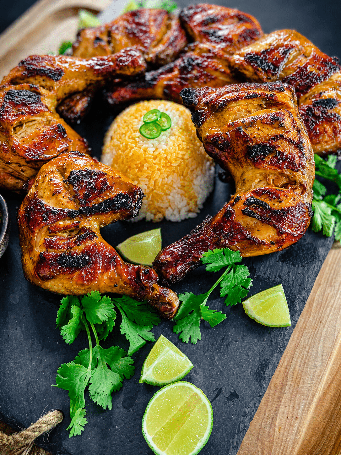 chicken inasal on a platter with limes