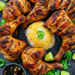 chicken inasal on a black platter with rice and cilantro