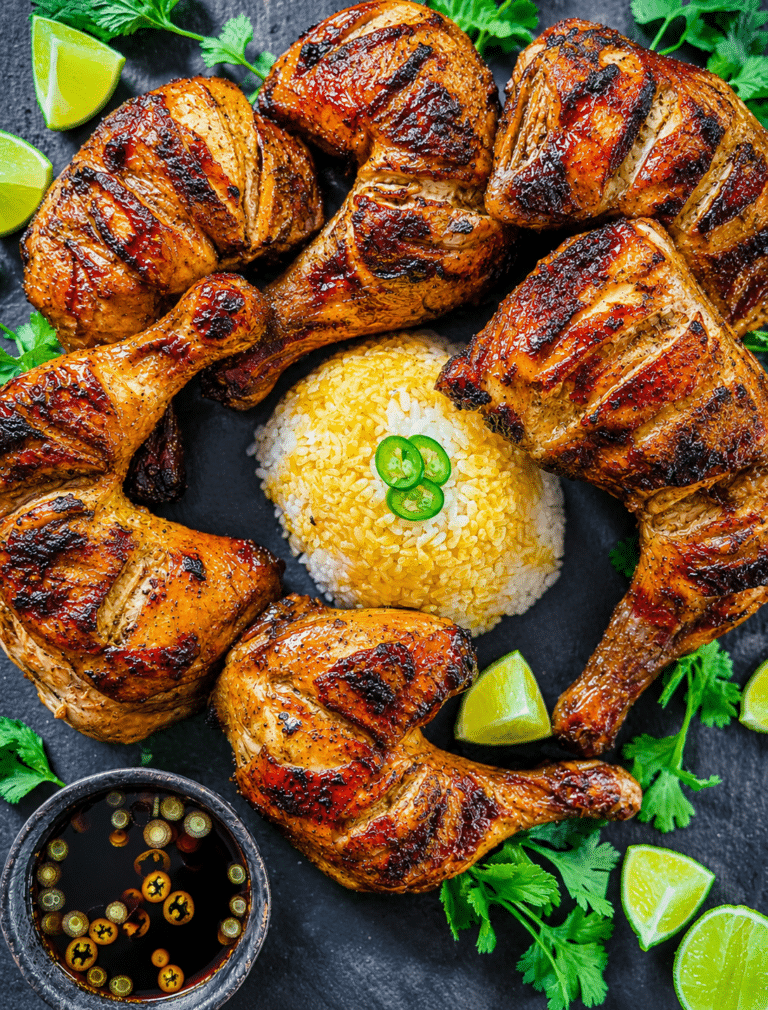 chicken inasal on a black platter with rice and cilantro