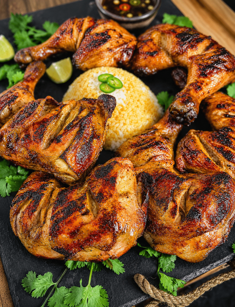 chicken inasal with white rice and cilantro