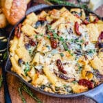 creamy chicken mushroom rigatoni in a gray pan