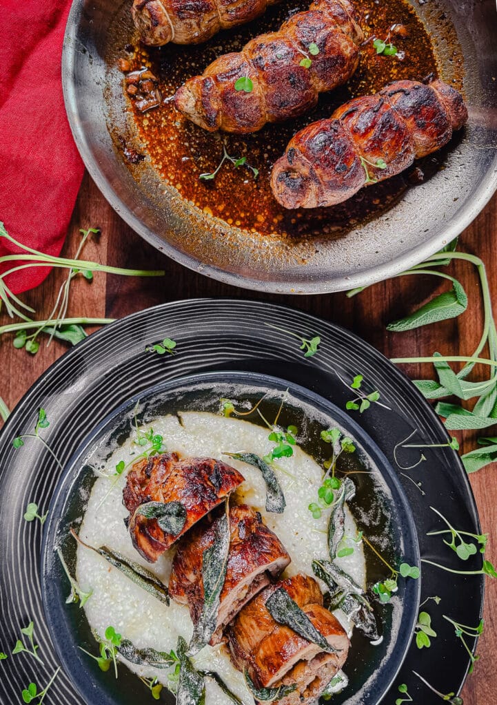 overhead shot of stuffed pork tenderloins in a pan, and a sliced tenderloin on a plate