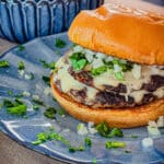 birrai smashburger with melted cheese on a blue plate with onions and cilantro