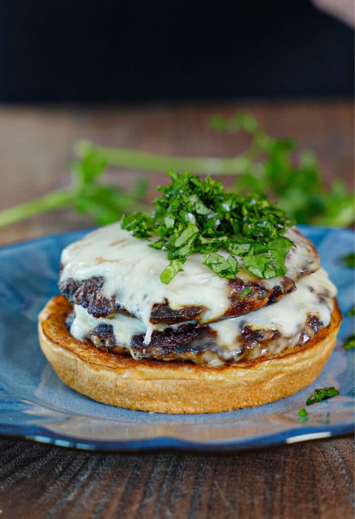 cilantro added to the top of a birria burger