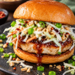 Kung pao ground chicken burger with slaw and peanuts on a dark colored plate