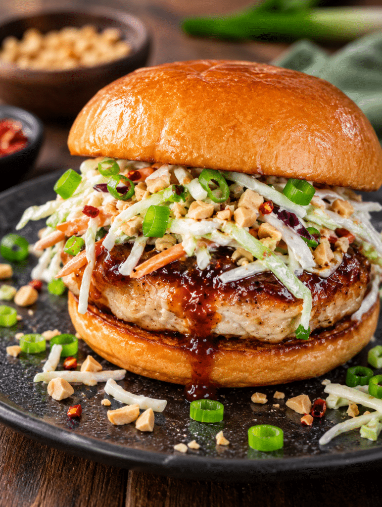 Kung pao ground chicken burger with slaw and peanuts on a dark colored plate
