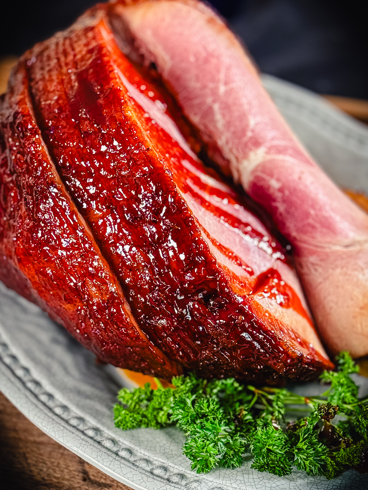 double smoked glazed ham on a platter