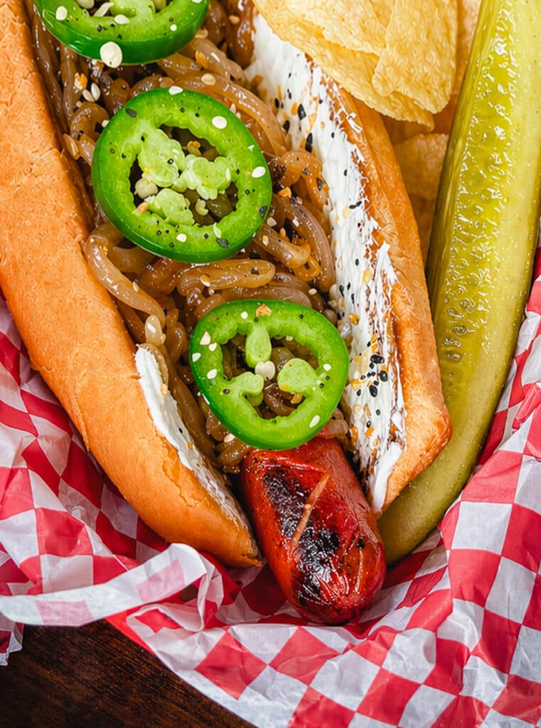 close up shot of a Seattle style hot dog