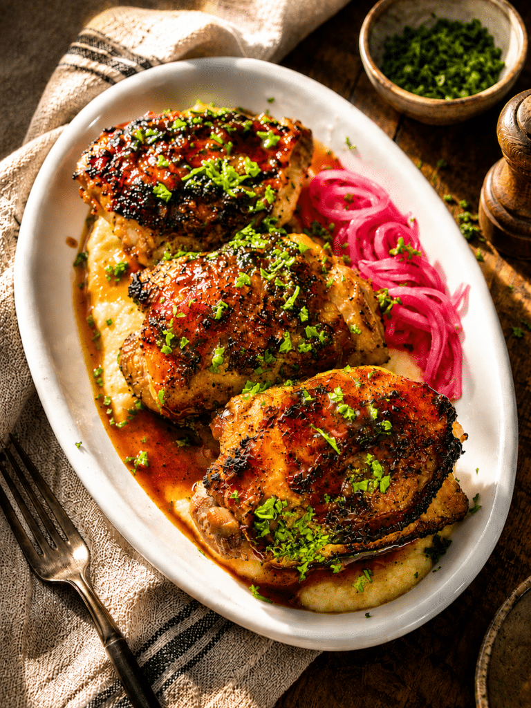 grilled hot honey chicken thighs on a plate of polenta with pickled red onions