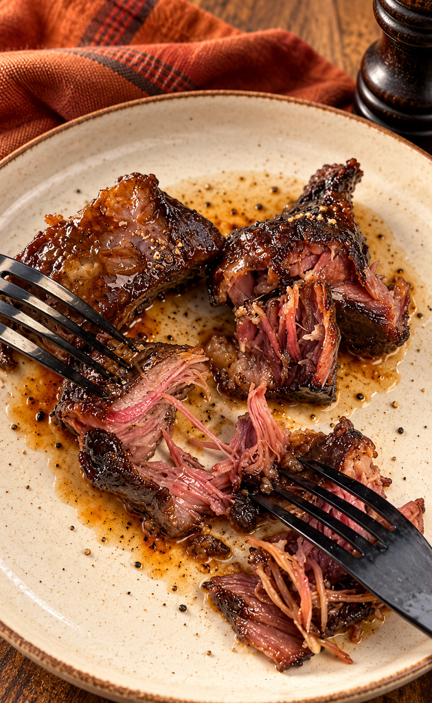 smoked braised short rib being pulled apart with two forks