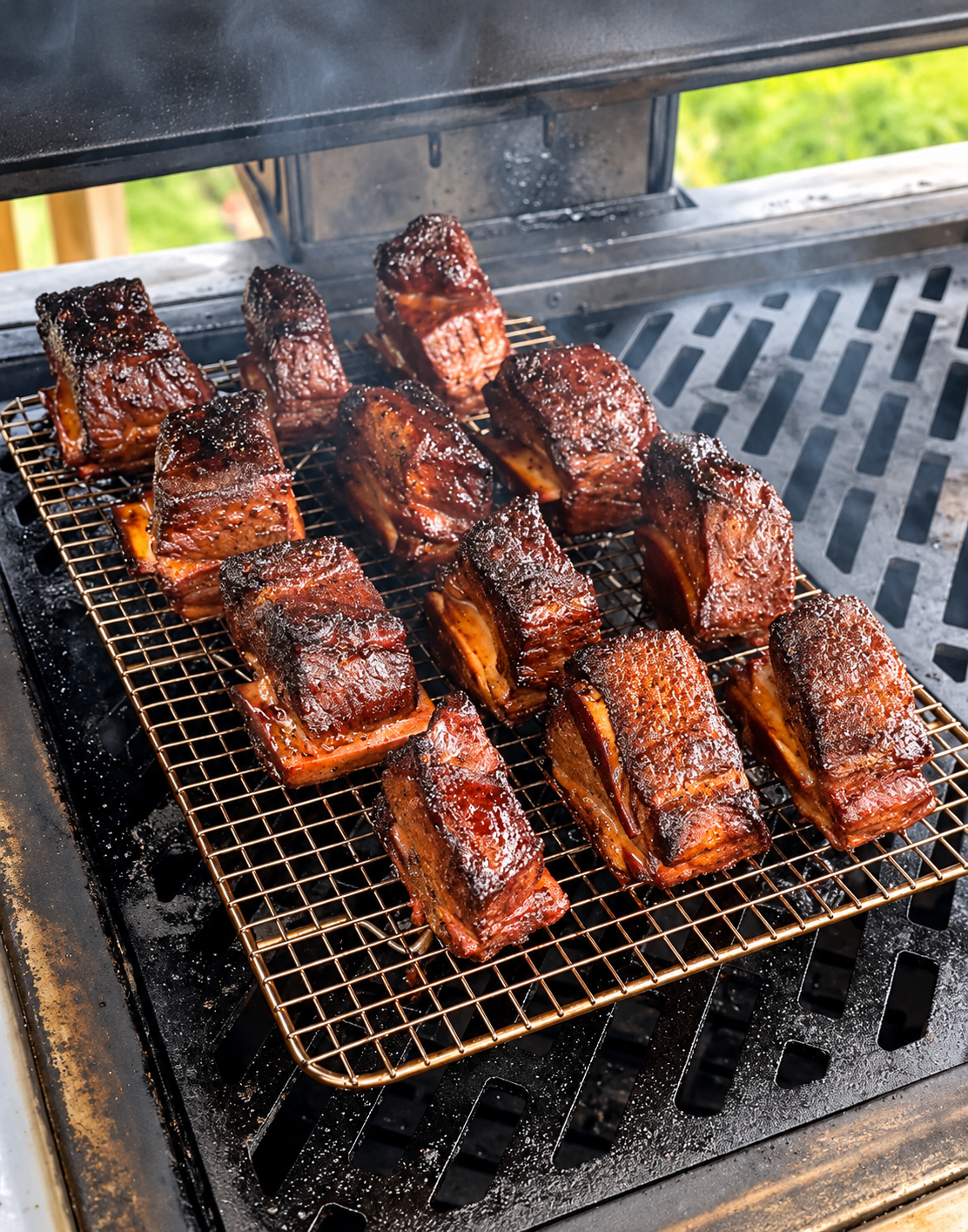 English cut beef short ribs smoking on a grill