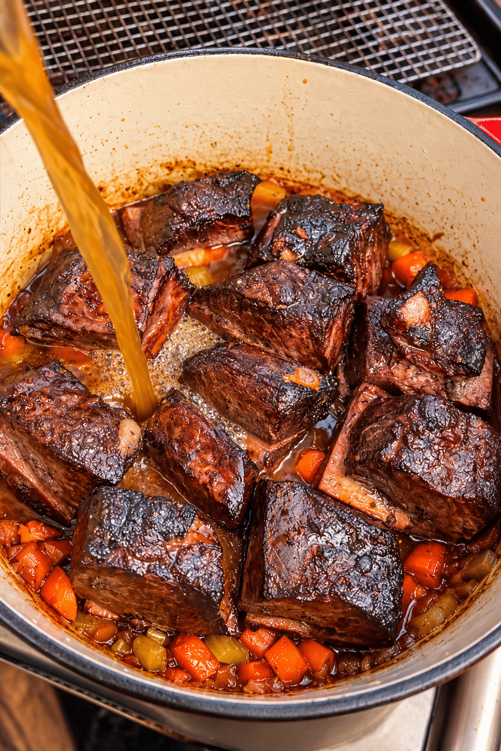 beef stock being added to a Dutch oven with beef short ribs