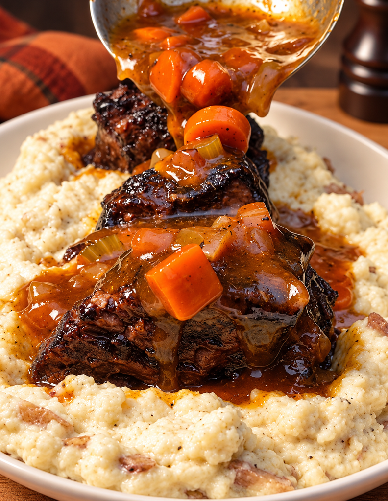 gravy being poured of smoked braised short ribs