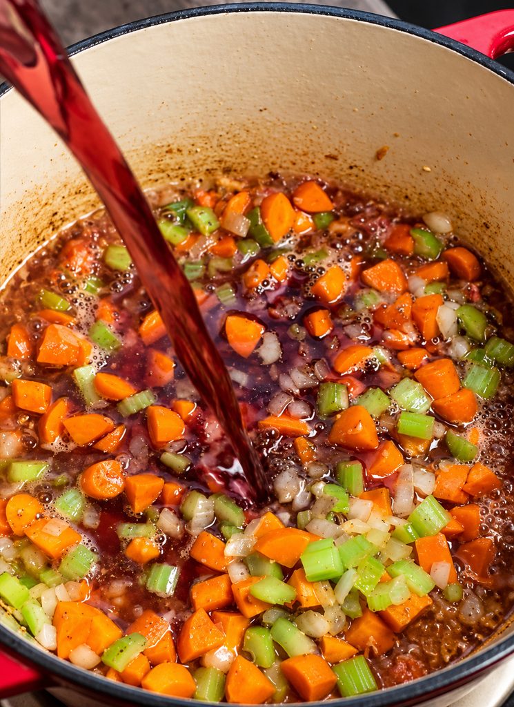 red wine being poured into a Dutch oven with vegetables